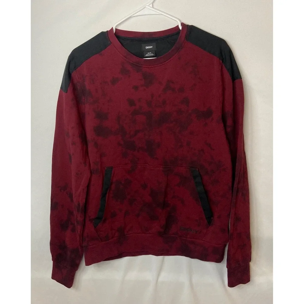 DKNY Tie Dye Crewneck Sweatshirt Black Red Pocket Casual Pullover Top XS‎ TP - Picture 2 of 13